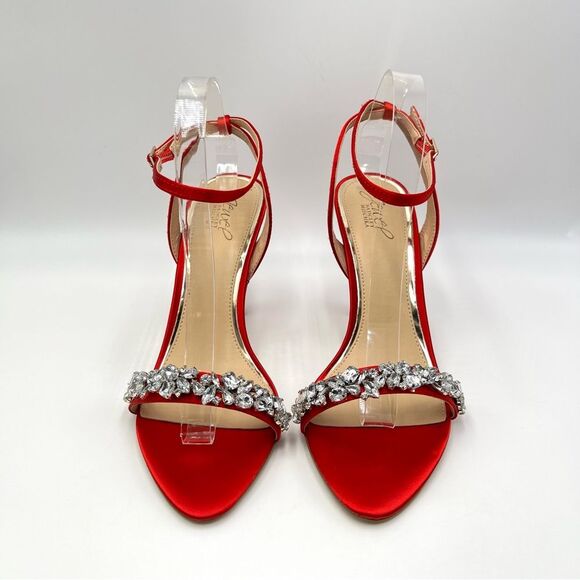 Jewel Badgley Mischka Size 10 Ojai Jeweled Red Satin Heels Dress Sandals Shoes - Picture 2 of 14